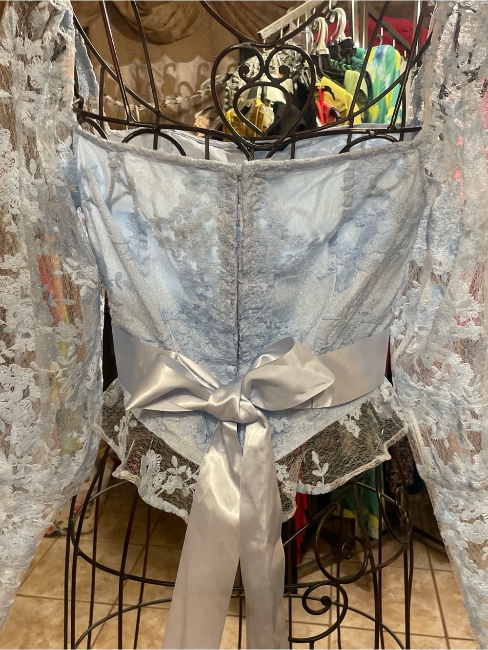 SHEIN Light Blue Lace Off-Shoulder Corset Top with Satin Waist Tie